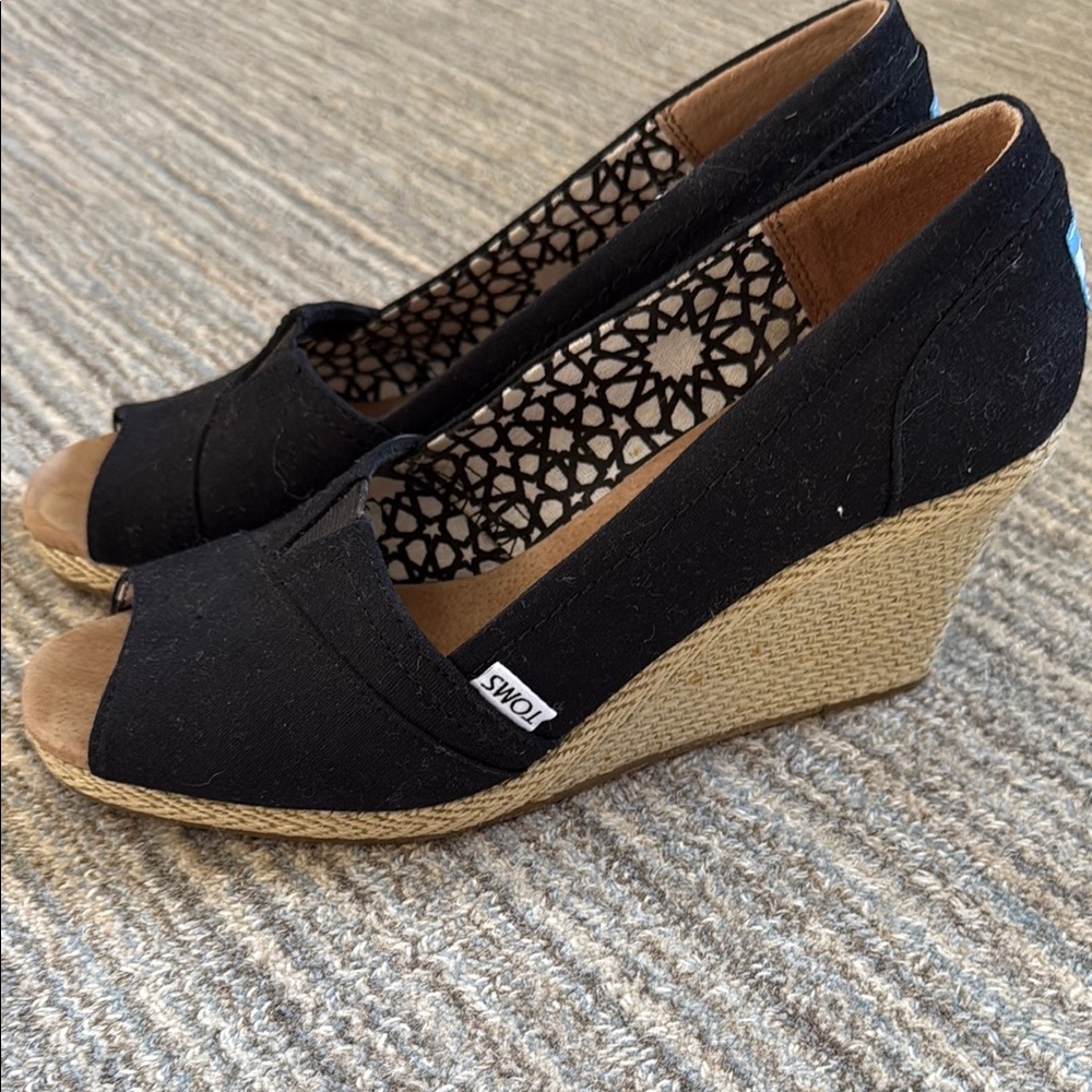 Toms Black Wedge Espadrilles with Peep-Toe Design